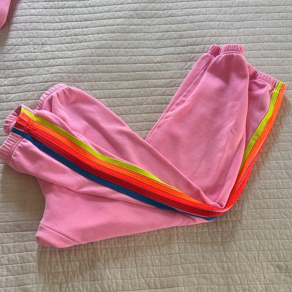 Aviator Nation Pink Sweatpants with Rainbow Stripes